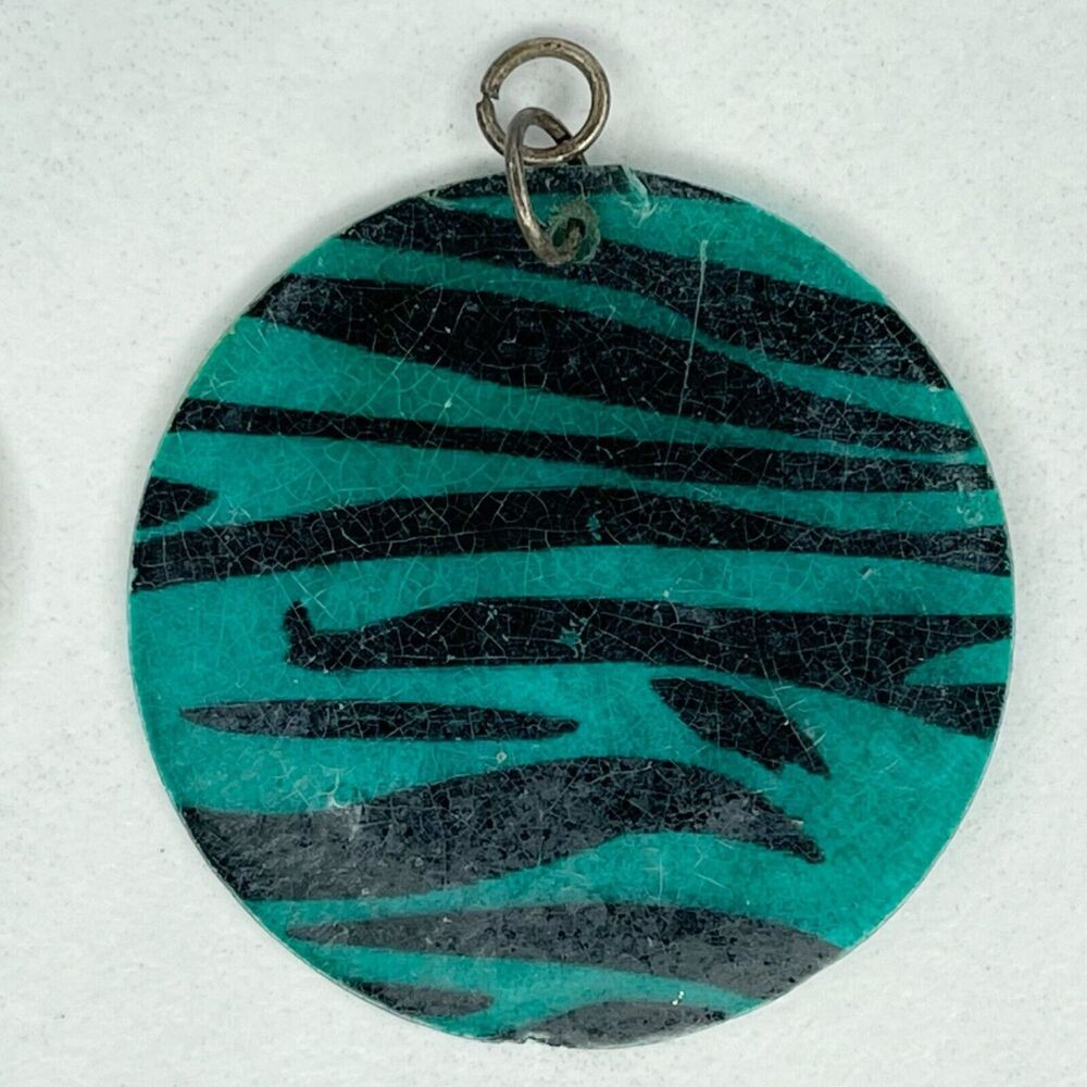 Blue Shell Disc Zebra Animal Print Upcycled Pendant